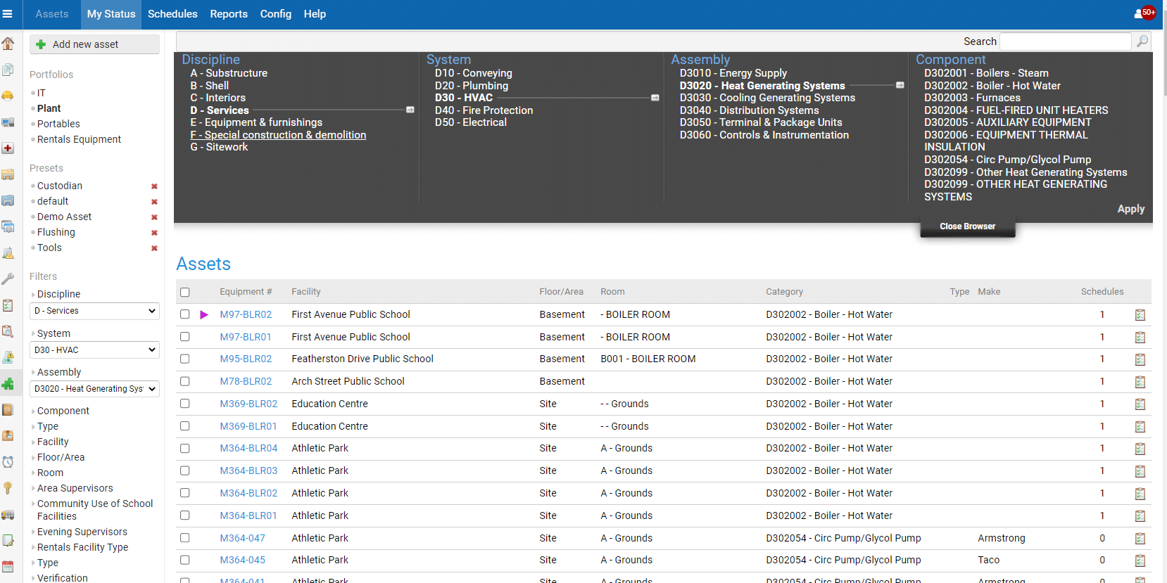 A real-time software displaying a list of items in an Asset Manager Module.