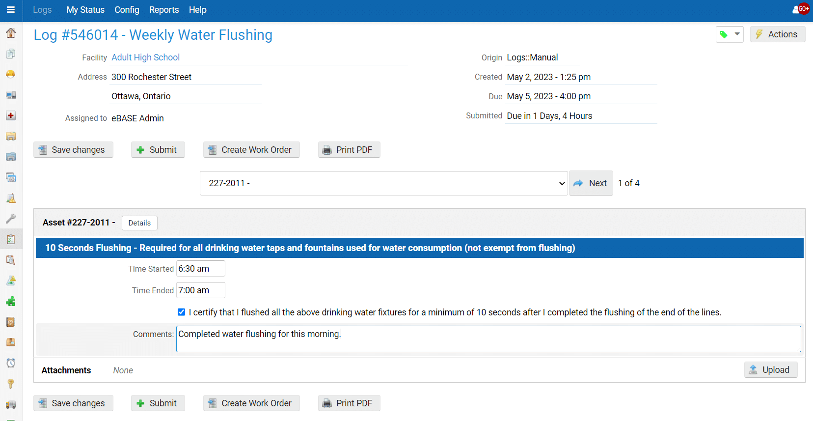 A real-time screenshot of a health screening form within a digital logbooks module.