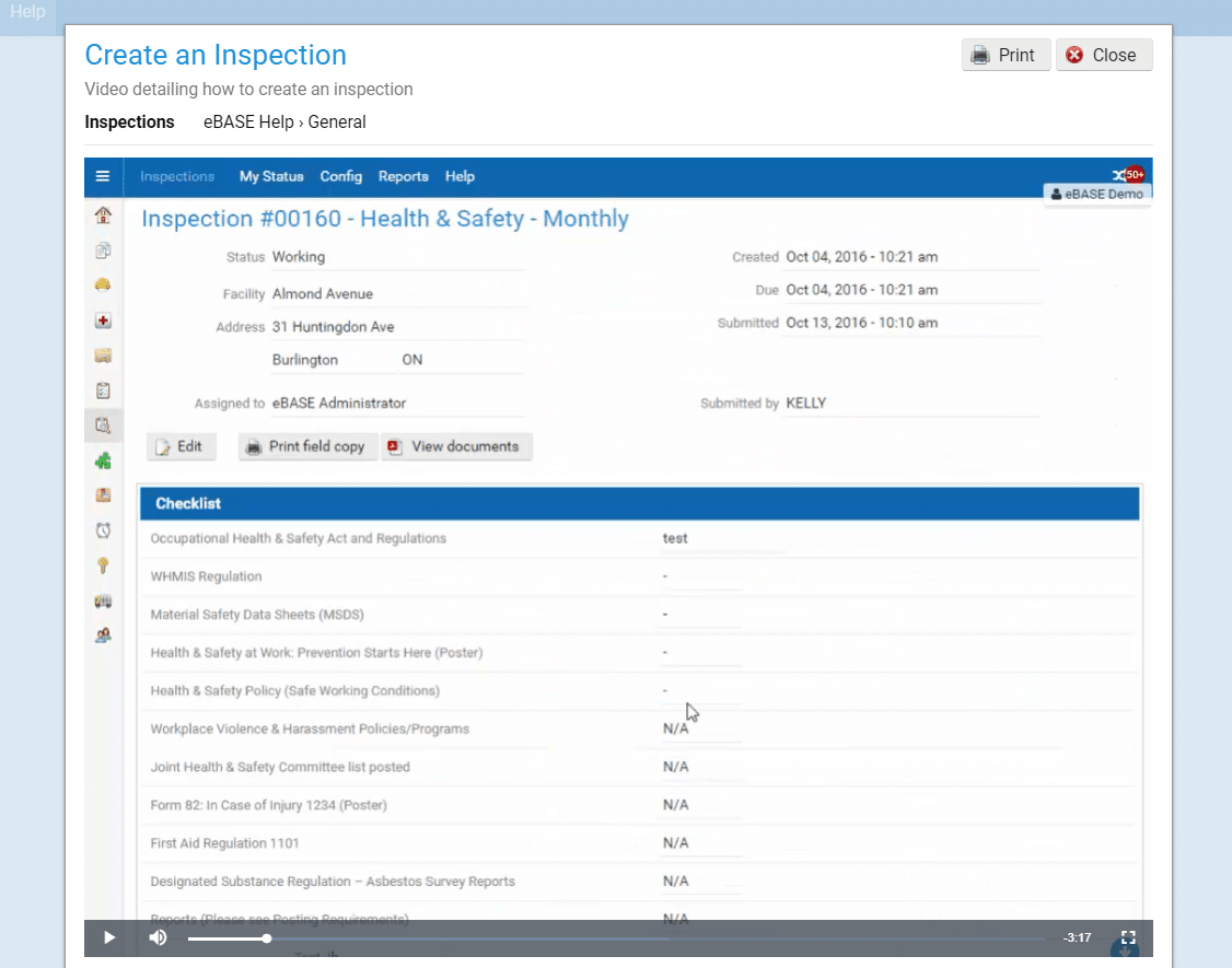 A screen shot of a web page displaying real-time facility inspections tasks.