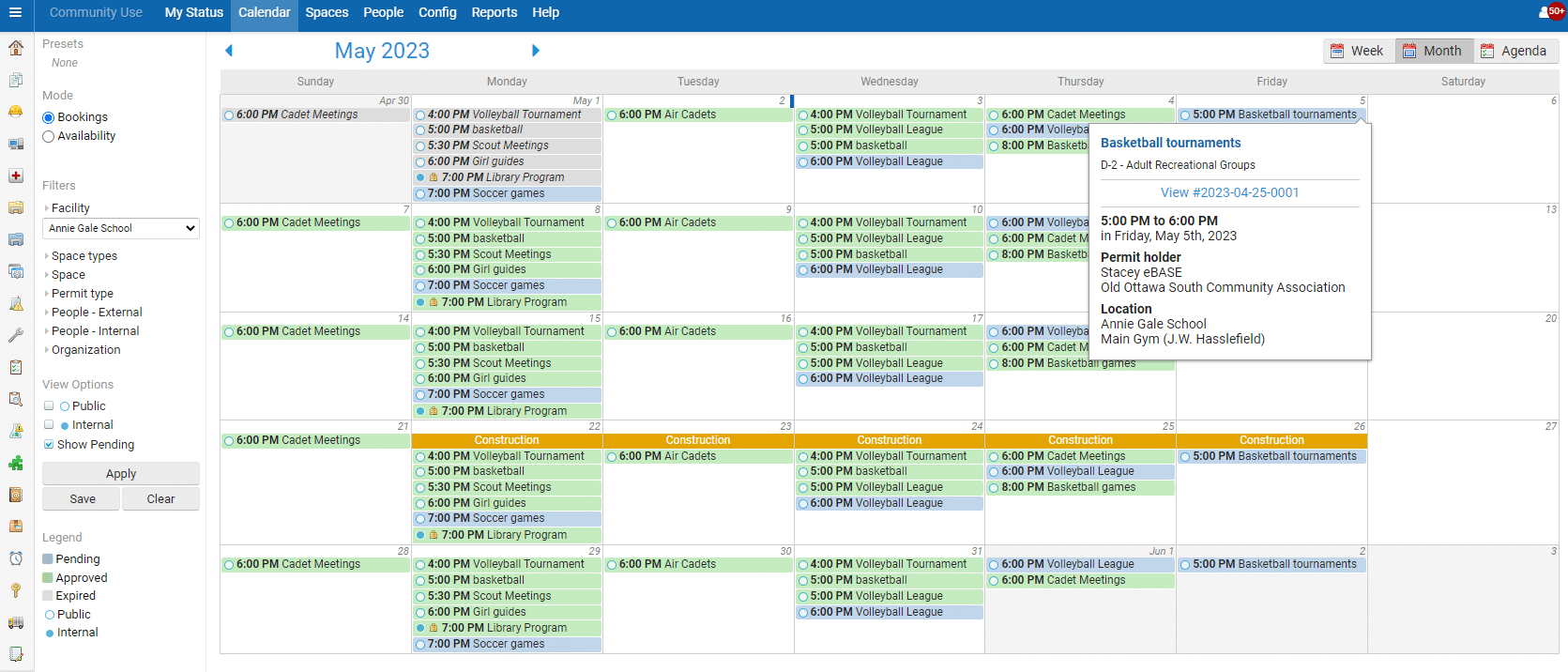 A screenshot of a calendar featuring the Facility Rentals Module.