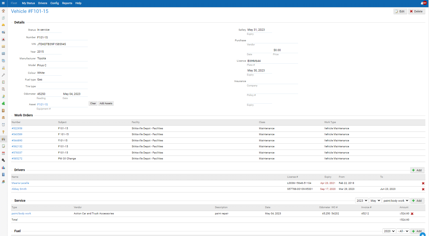 A real-time screen shot of the invoice screen within the Fleet Manager Module.