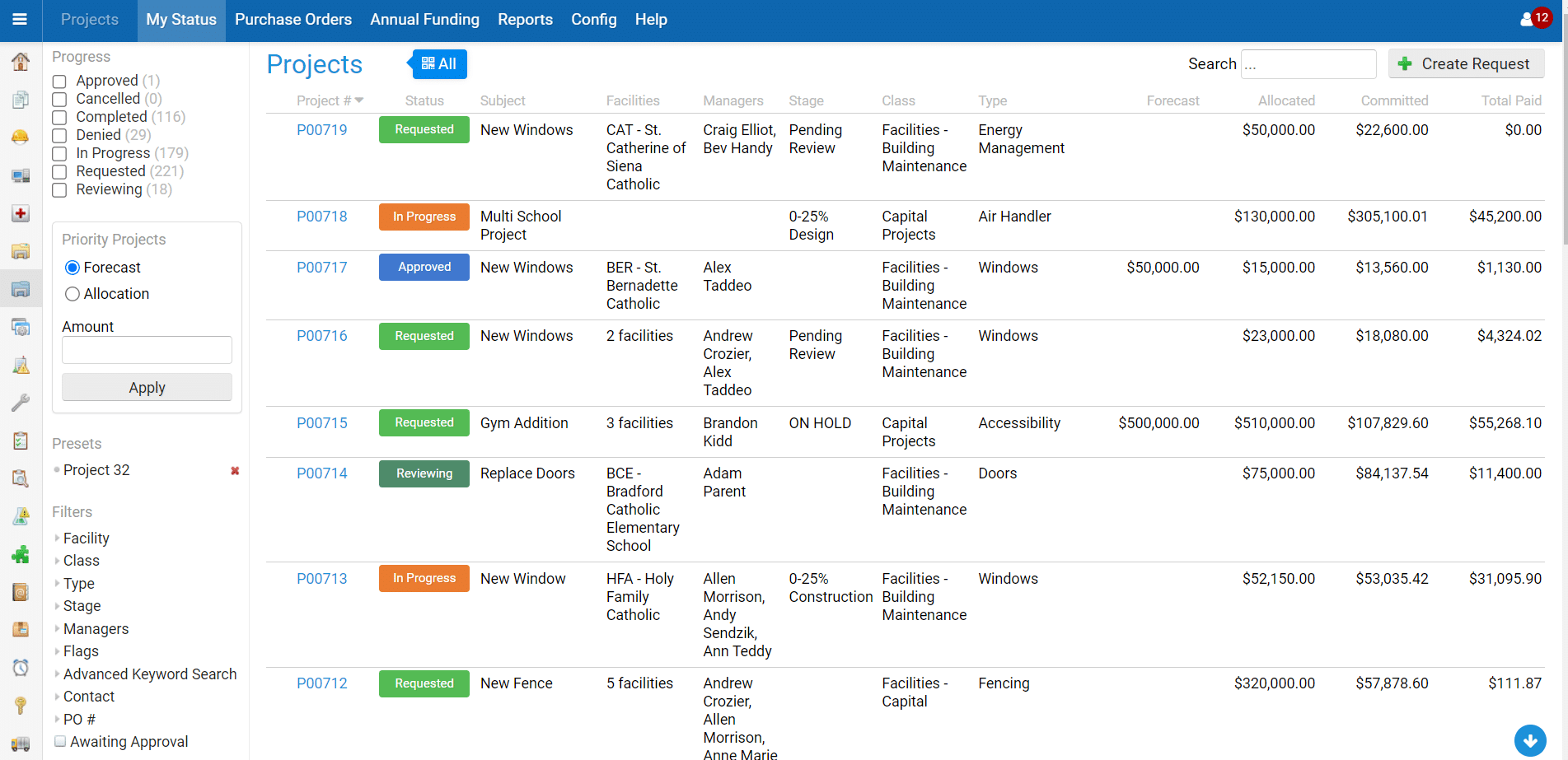 A real-time software project manager module displaying a list of items on a computer screen.