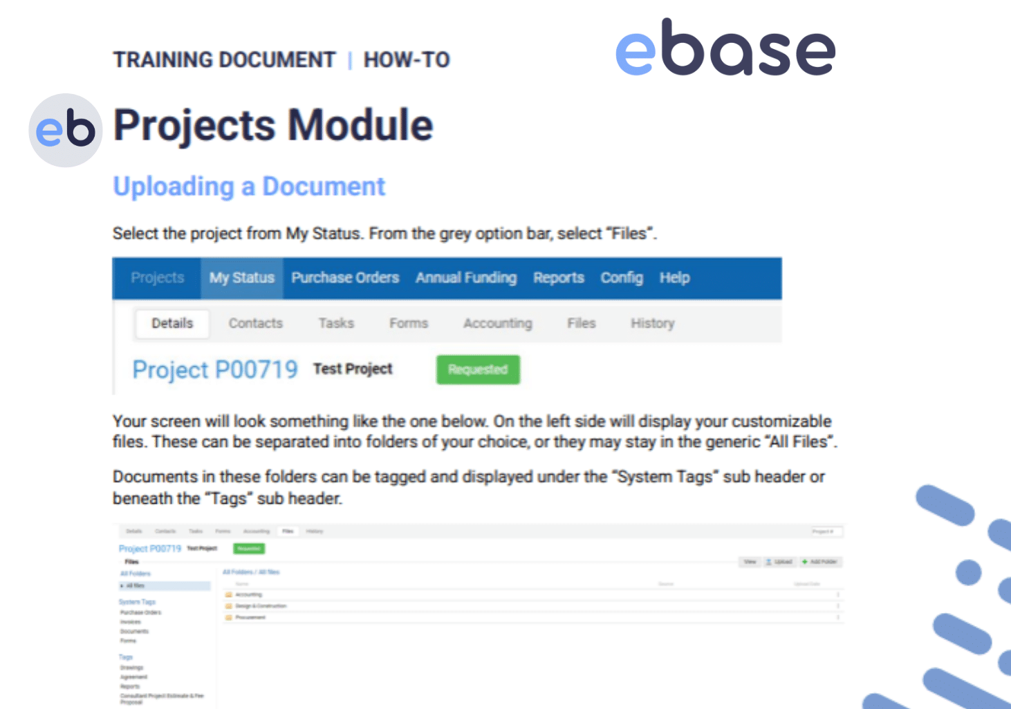 How to utilize the ebase projects module for facility rentals and training modules.