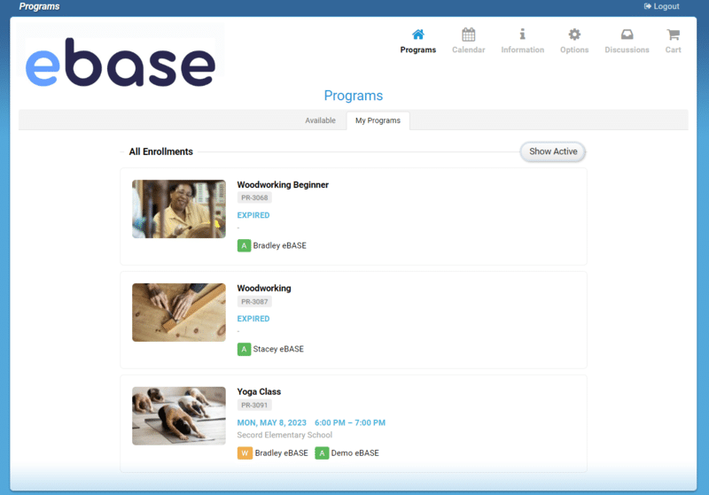 A screen shot of the ebase website showcasing its Registrations Module.