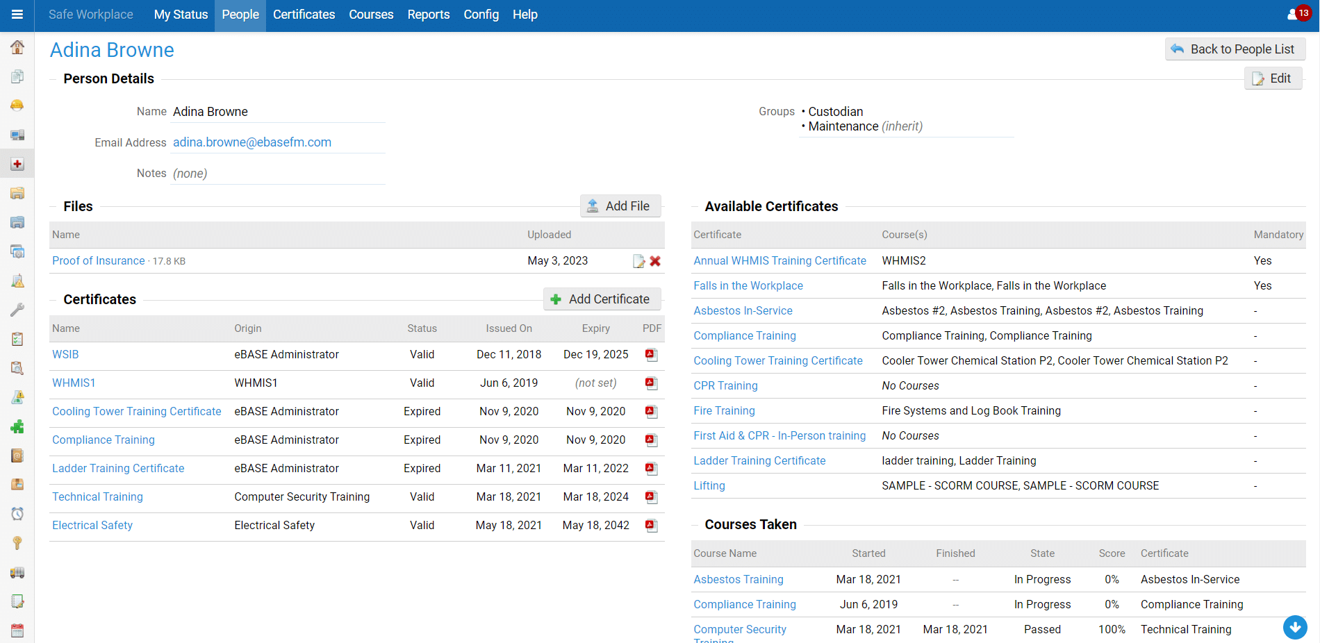 A screen shot of a business dashboard with a Safety Module.