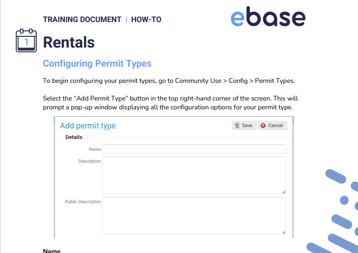 A screenshot of the ebase rentals page featuring the Facility Rentals Module.